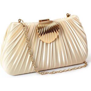 Women Gold Satin Clutch Bag Elegant Pleated Evening Purse with Chain Strap